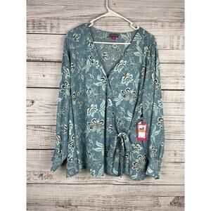 Vince Camuto Blue Floral Surplice Wrap Top 3X New Long Sleeve Cuffs Lightweight